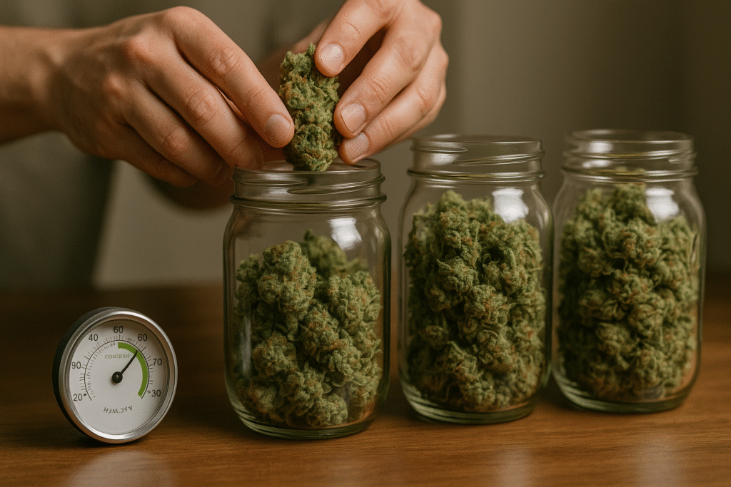 cannabis buds carefully placed in mason jars for curing